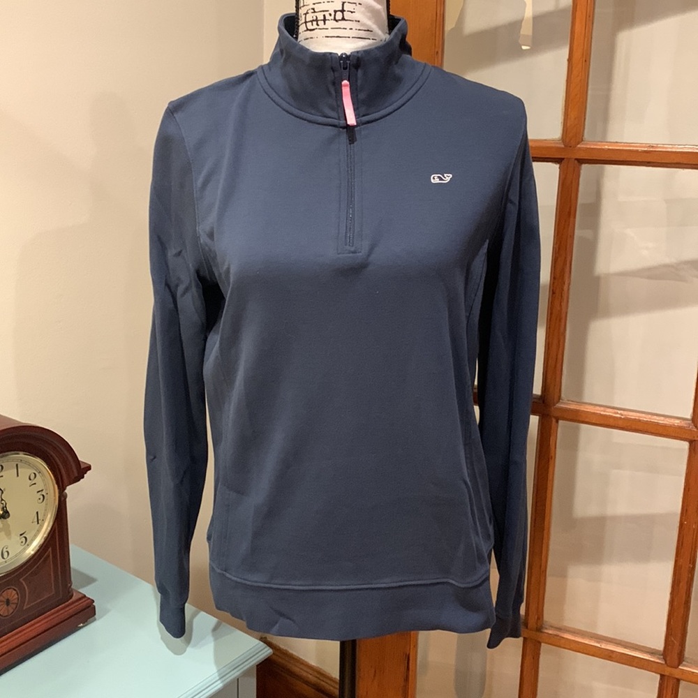 Vineyard Vines Women's Cotton Jersey 1/4 Zip Blue Pullover, Size Medium